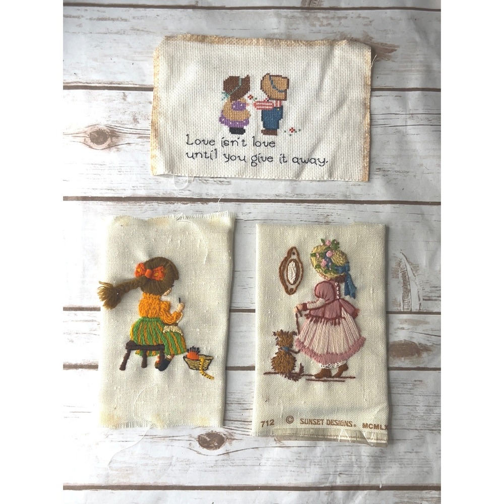 Vintage Sunset Designs Embroidery Panels Cream Holly Hobbie Style Set of 3 OS